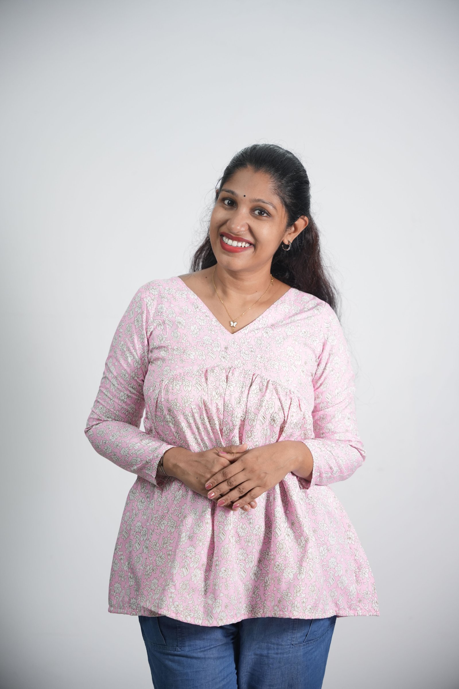 Womens Floral Print Pink Crepe Short Kurti
